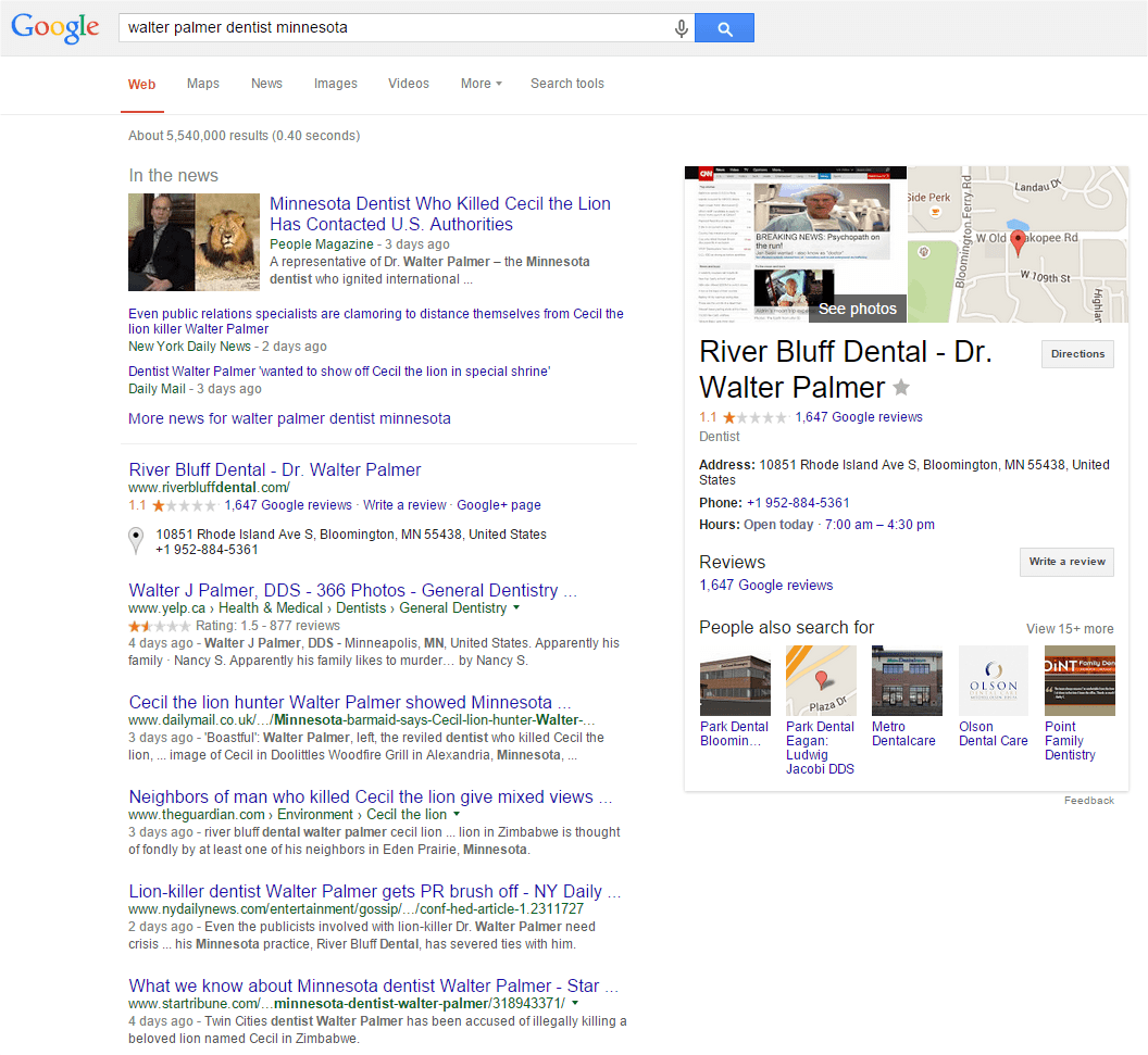Screenshot Of Google's Search Engine Results Page, From August 4Th 2015, For 'Walter Palmer Dentist Minnesota' - Content From Above The Fold.