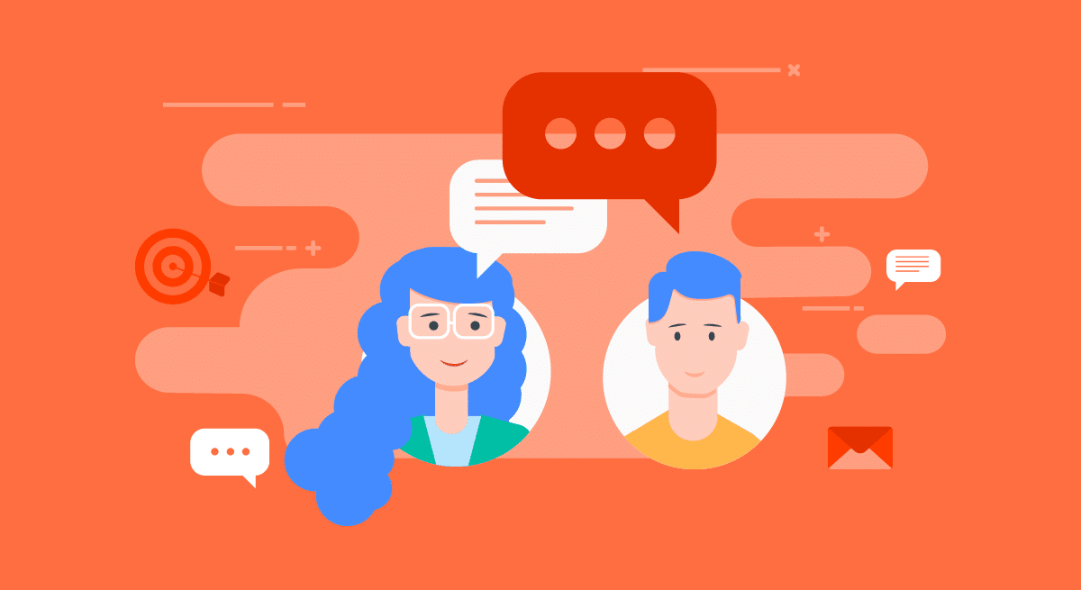 two people talking with speech bubbles on an orange background