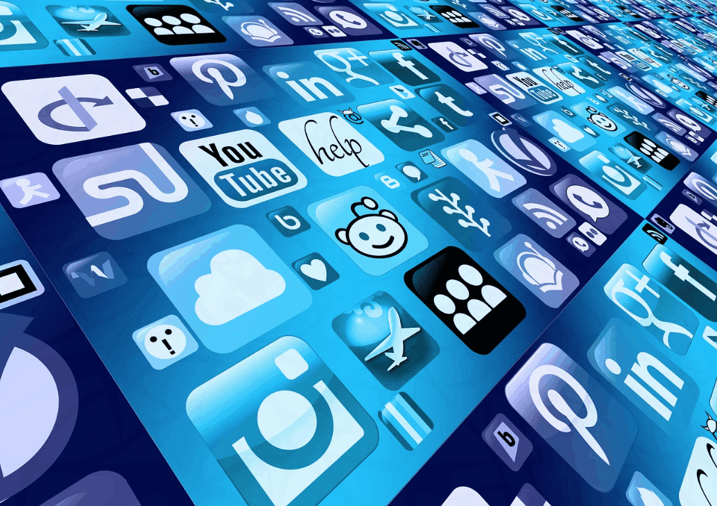 a large number of social media icons are arranged on a blue background